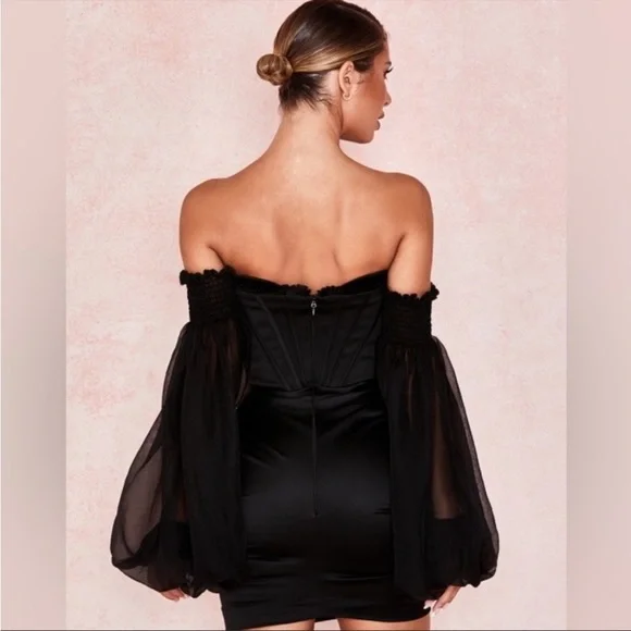 House of CB ‘Beau’ Black Satin and Chiffon Corset Dress NWOT - Picture 7 of 14